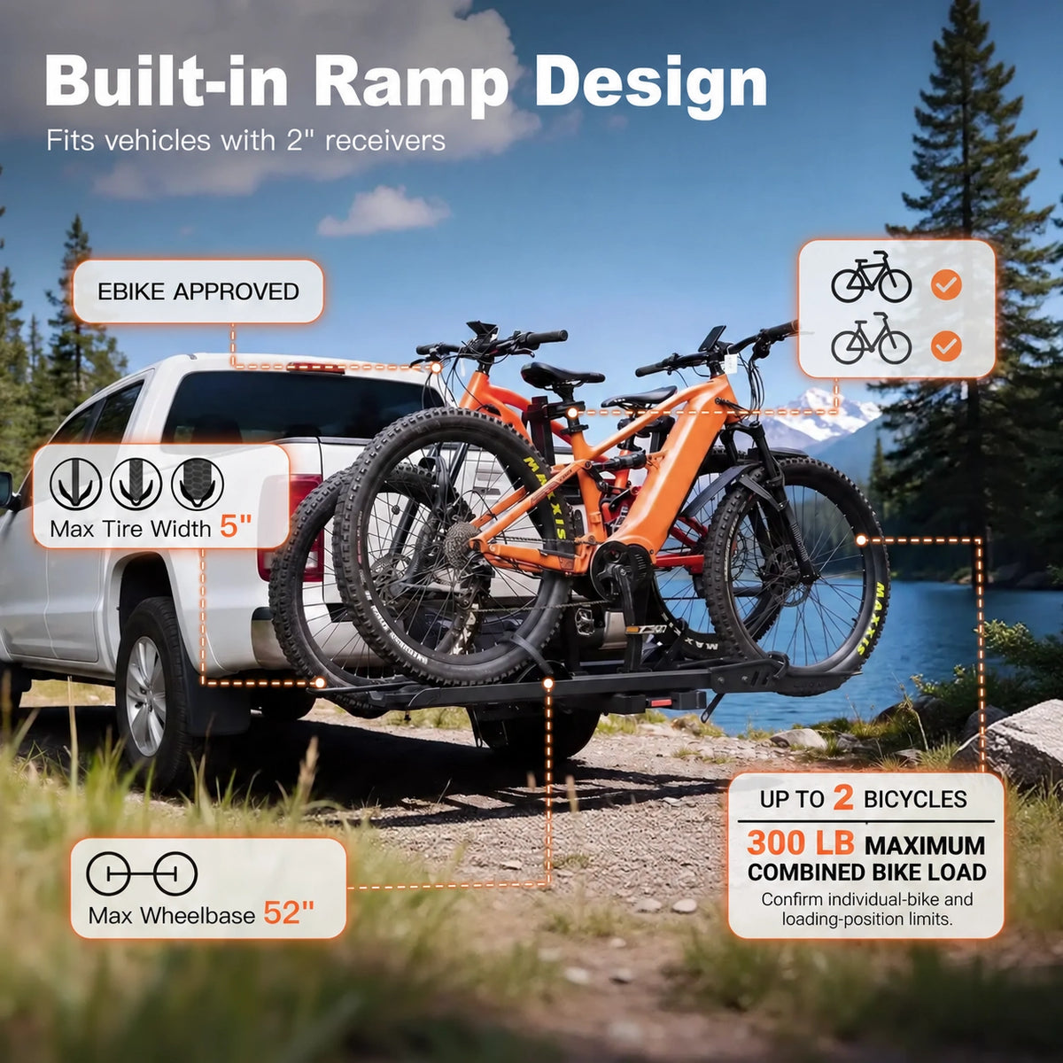 CRAVOT CyberRack S2 Evo Hitch Bike Rack Built-in Ramp, 2’’ Receiver, 300 LBS Capacity
