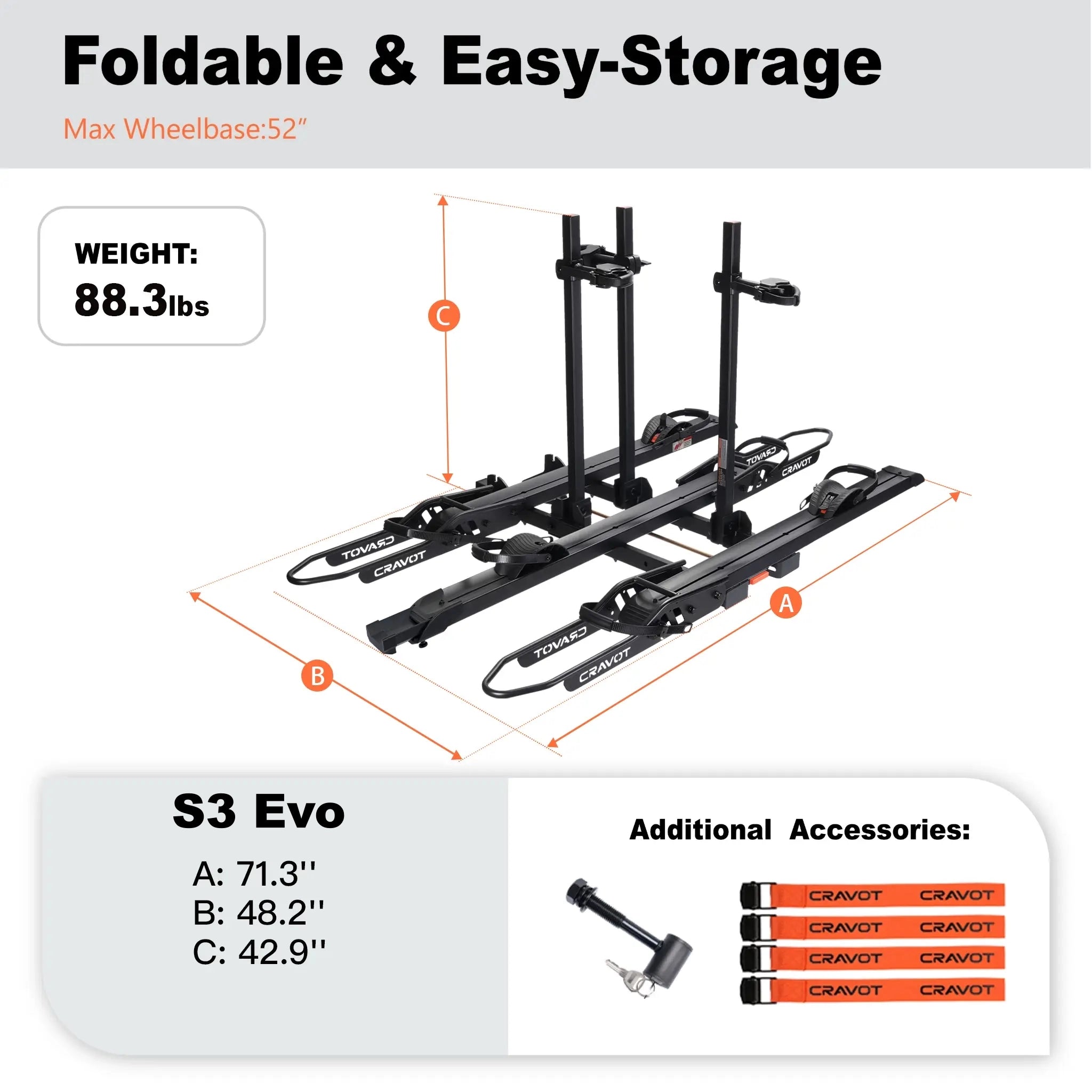 CRAVOT CyberRack S3 Hitch Bike Rack, 2’’ Receiver, 300 LBS Capacity