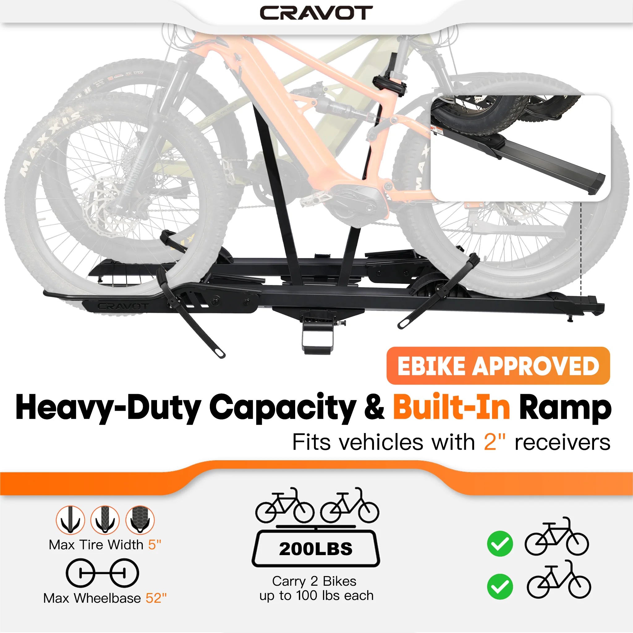 CRAVOT CyberRack E2 PLUS Built-in Ramp Hitch Bike Rack, 2’’ Receiver, 200 LBS Capacity