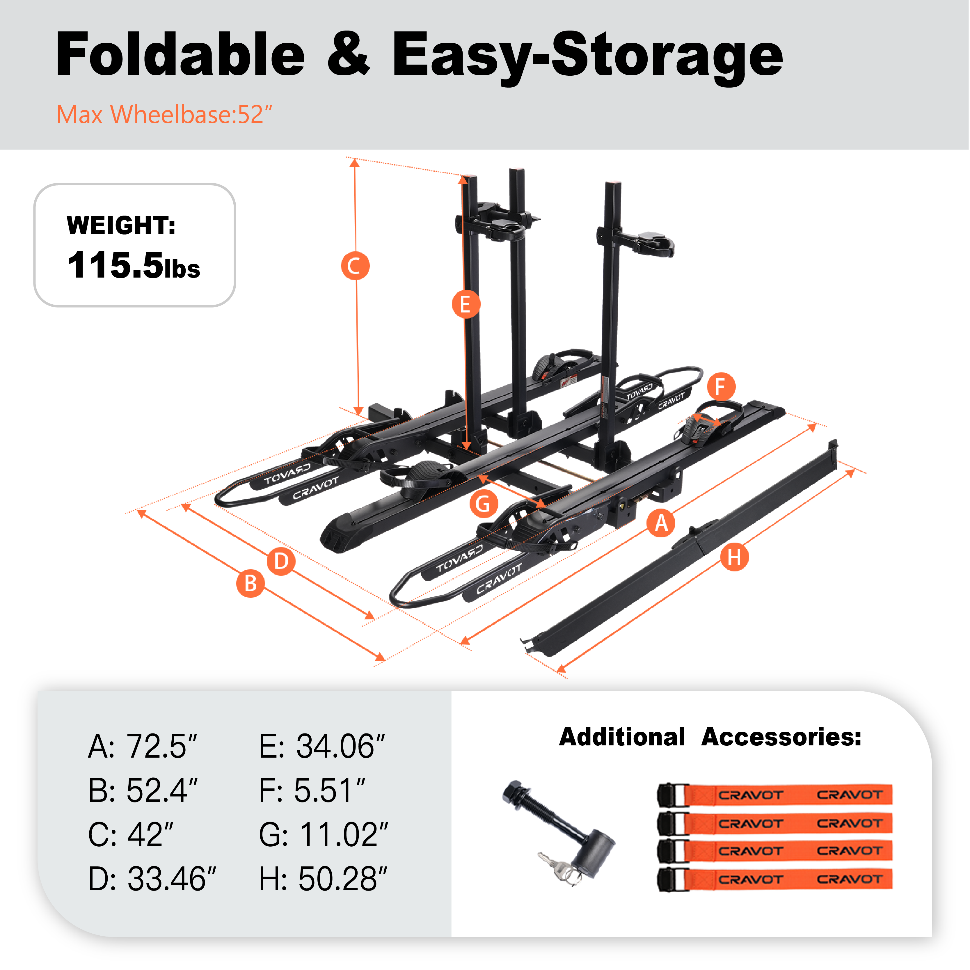 CRAVOT CyberRack S3 Hitch Bike Rack, 2’’ Receiver, 300 LBS Capacity