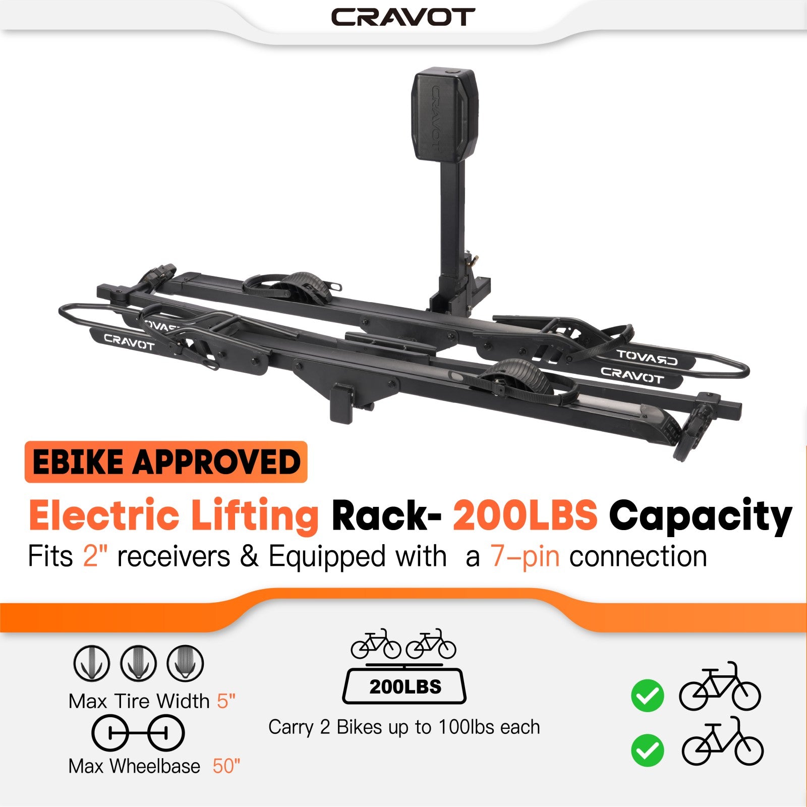 CRAVOT CyberRack E2 Electric Hitch Bike Rack, 2’’ Receiver, 200 LBS Capacity