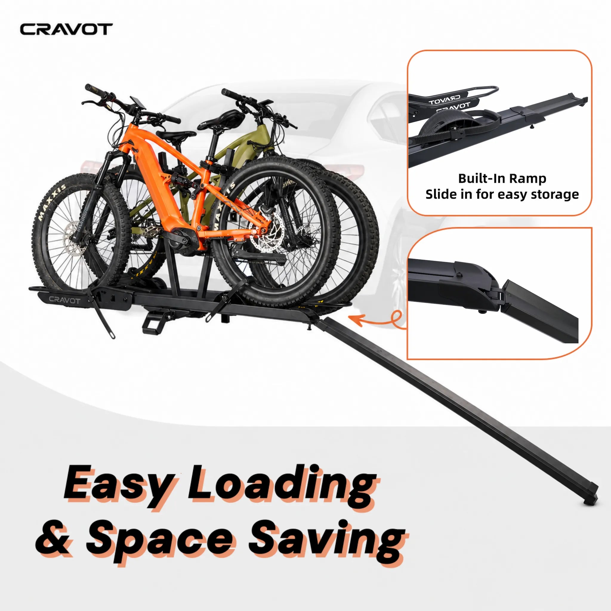 CRAVOT CyberRack E2 PLUS Built-in Ramp Hitch Bike Rack, 2’’ Receiver, 200 LBS Capacity