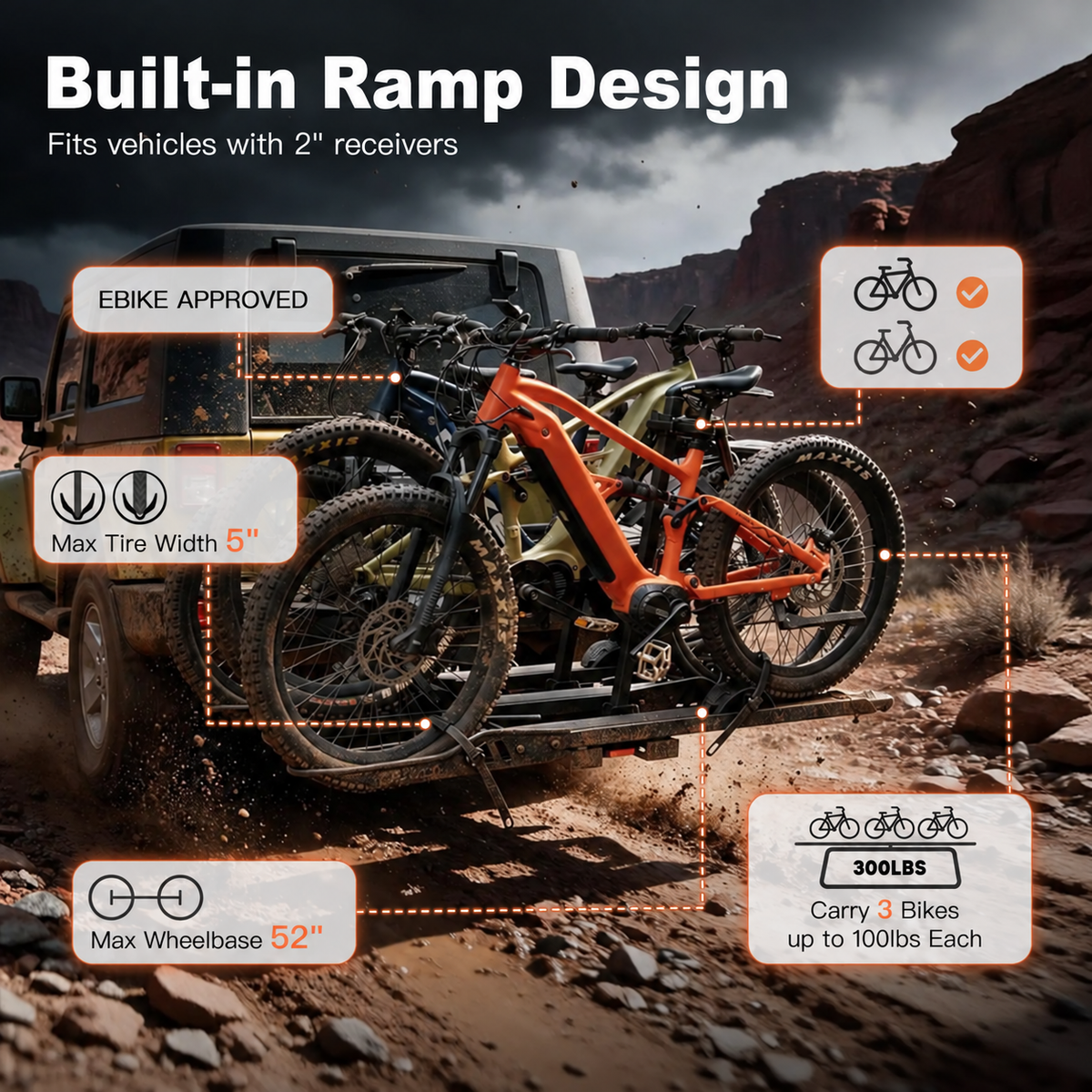 CRAVOT CyberRack S3 Evo Hitch Bike Rack Built-In Ramp, 2’’ Receiver, 300 LBS Capacity