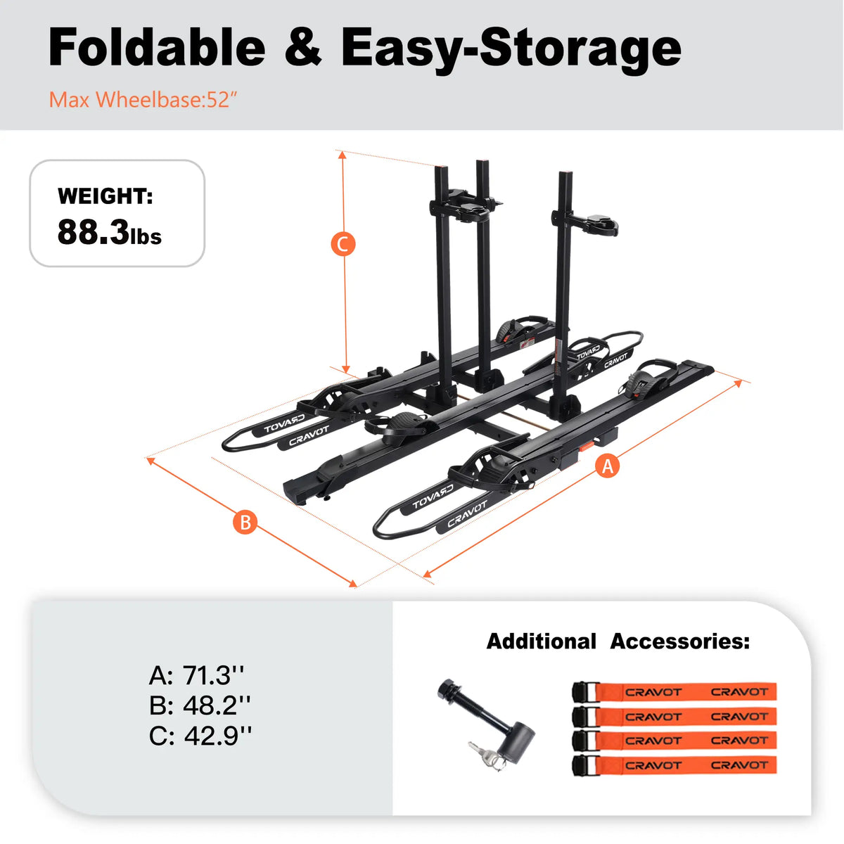CRAVOT CyberRack S3 Evo Hitch Bike Rack Built-In Ramp, 2’’ Receiver, 300 LBS Capacity