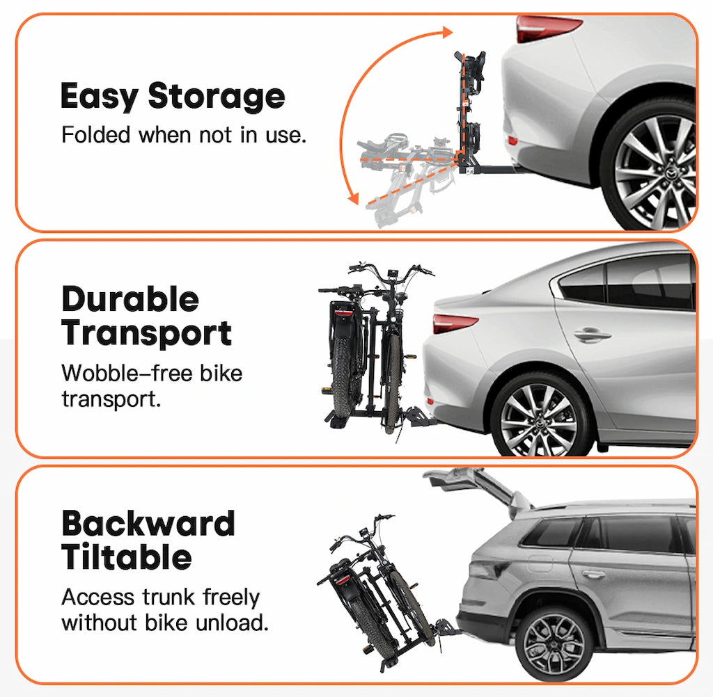 E2 Plus Hitch Bike Rack foldable and tiltable to save space