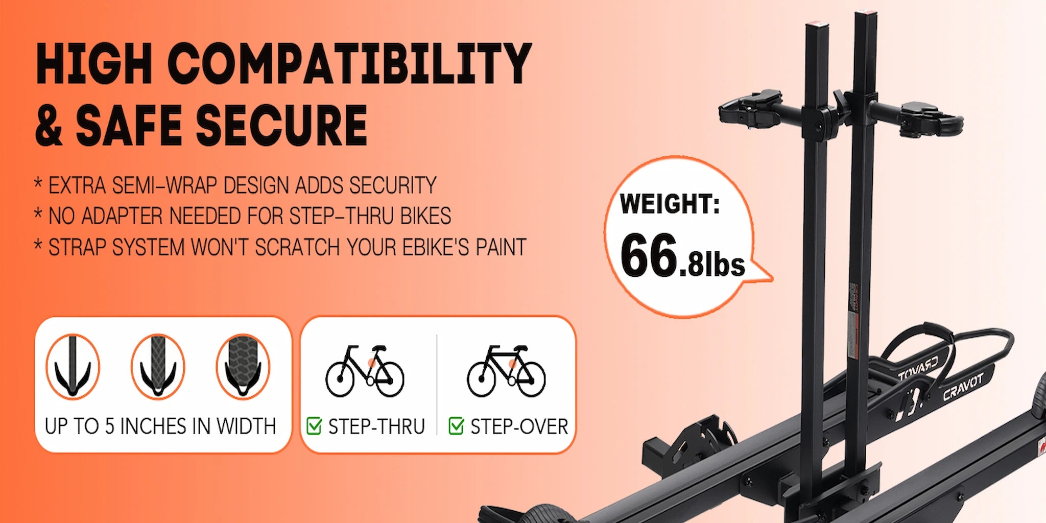E2 Plus Hitch Bike Rack weight and work with step over and step thru bikes