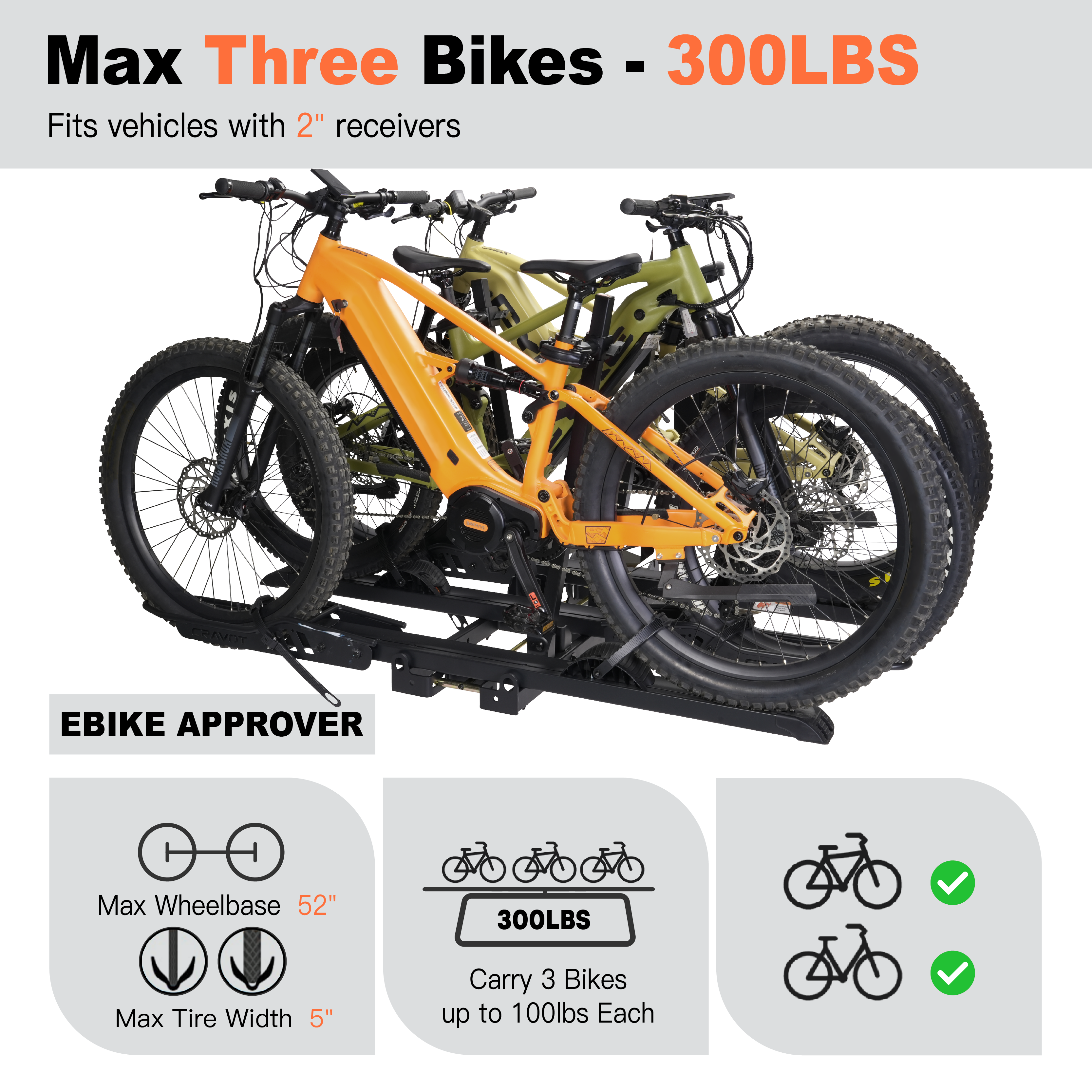 3 wheel bicycle rack CRAVOT CyberRack S3 Hitch 3-Bike Rack, 2’’ Receiver, 300 LBS Capacity